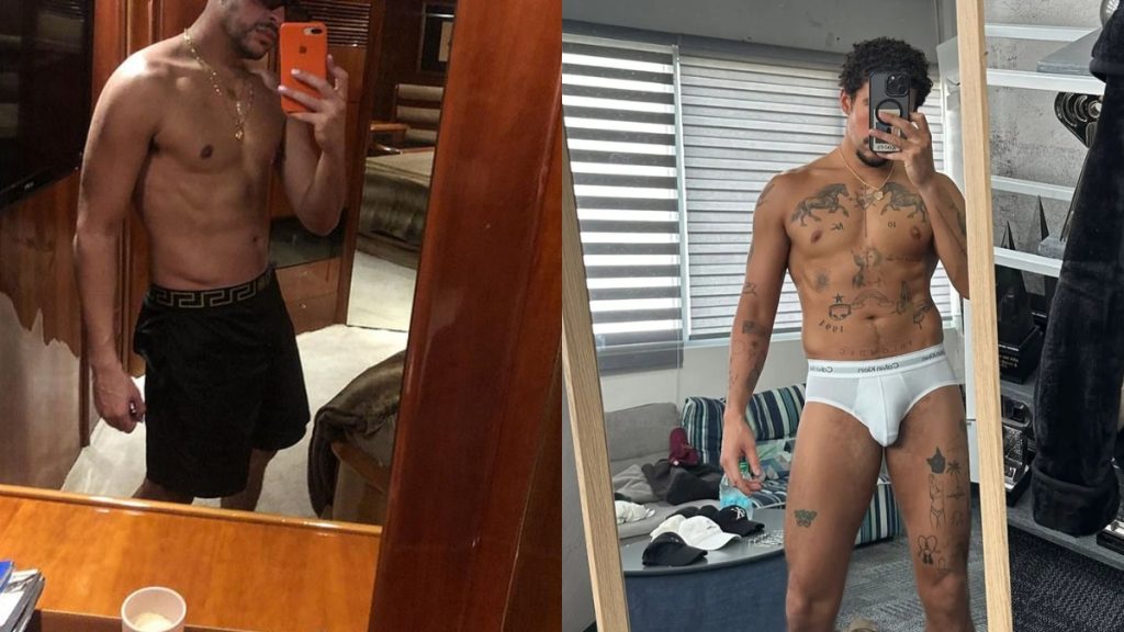 Bad Bunny birthday shirtless selfies compilation featuring Benito in black Versace shorts and white Calvin Klein briefs.