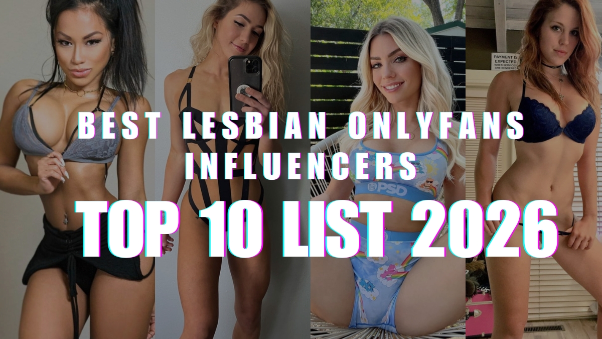 Collage of attractive women in bikinis and lingerie with text ‘Best Lesbian OnlyFans Influencers Top 10 List 2026’ promotional banner