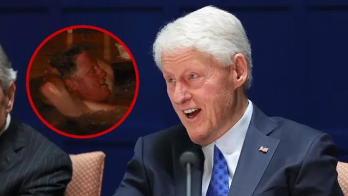 A thumbnail for a video report on the Clinton Epstein Deposition with the headline "Bill and Hillary Clinton's Epstein Deposition Videos Just Dropped — And Bill Claims He Saw Nothing." The former president is pictured during his testimony, where he stated under oath that he "saw nothing" and "did nothing wrong" regarding Jeffrey Epstein's criminal activities.