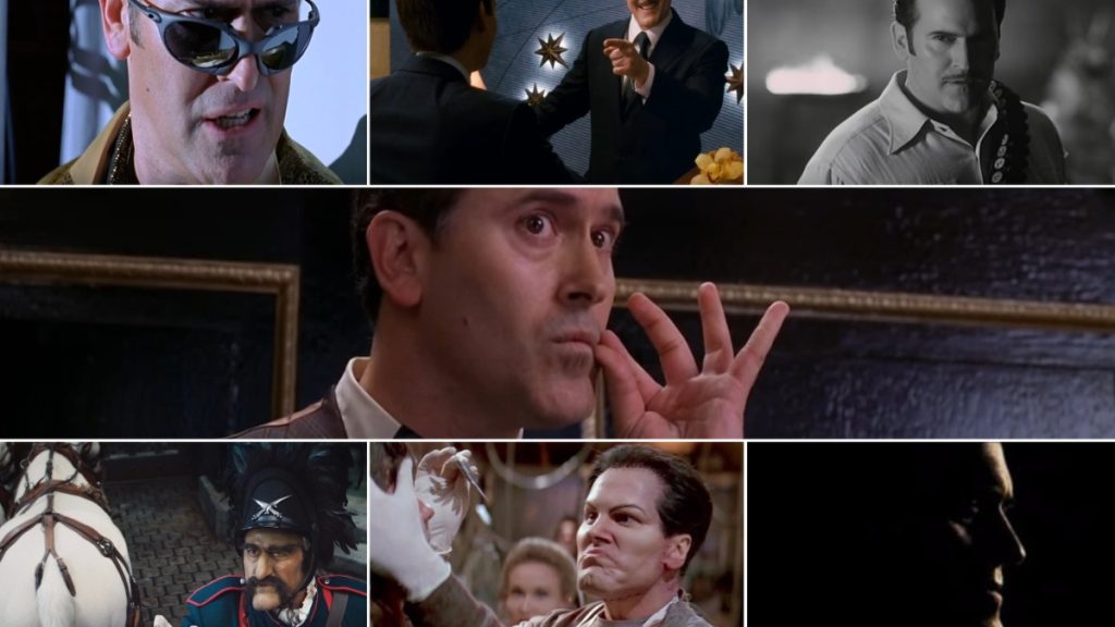 A wide-format collage of various scenes from Bruce Campbell's acting career, showing him in several distinct roles, including a man in sunglasses and a character with a mustache in a black-and-white frame.