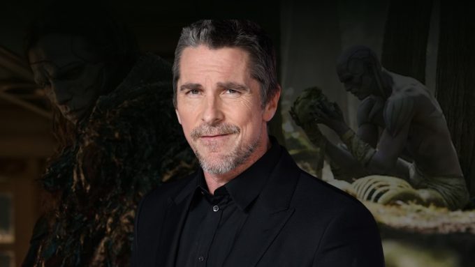 Actor Christian Bale posing at a red carpet event, frequently cited in discussions regarding his reaction to the performance of Jacob Elordi Frankenstein. He is wearing a black dress shirt and suit jacket.