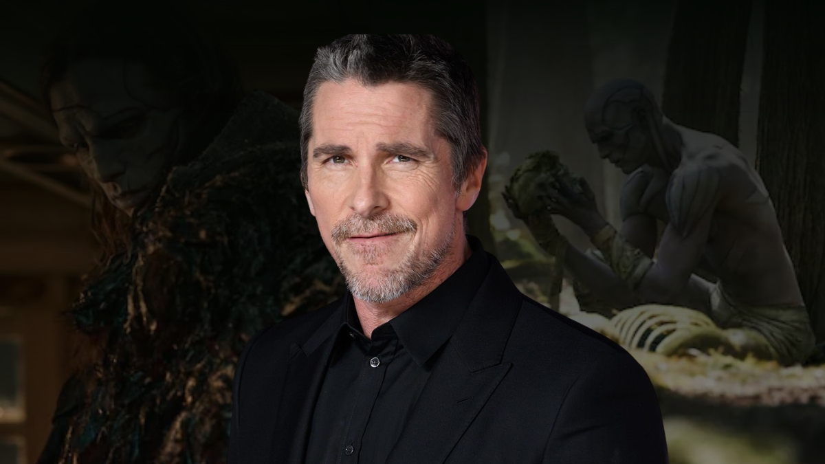 Actor Christian Bale posing at a red carpet event, frequently cited in discussions regarding his reaction to the performance of Jacob Elordi Frankenstein. He is wearing a black dress shirt and suit jacket.