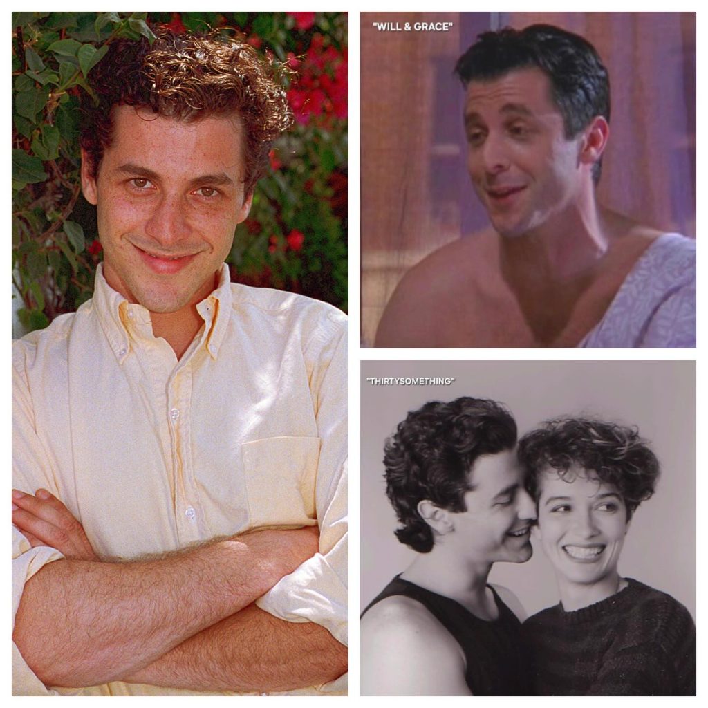 A three-panel collage showcasing Corey Parker throughout his career, including a casual outdoor portrait in a yellow shirt, a scene from his appearance on "Will & Grace," and a classic black-and-white promotional photo from the television series "thirtysomething."