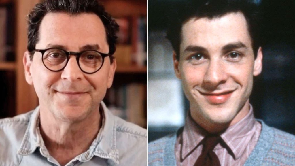 A side-by-side comparison of Corey Parker, showing a contemporary photo of him wearing glasses and a denim shirt on the left, next to a younger portrait of him in a sweater vest and tie on the right.