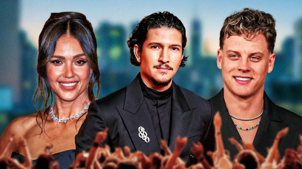 A digital composite featuring Jessica Alba, Danny Ramirez, and Joe Burrow against a blurred city skyline. Jessica Alba is on the left in a black dress and diamond necklace, Danny Ramirez is centered in a black suit, and Joe Burrow is on the right in a black shirt and colorful beaded necklace. The bottom of the frame shows a silhouette of a cheering crowd, illustrating a headline about Danny Ramirez addressing Joe Burrow Jessica Alba dating rumors.