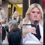 A four-panel montage capturing scenes from the viral Druski Erika Kirk parody, including a grand entrance with indoor sparklers, a crowded press gaggle, and close-ups of the character speaking into a microphone at a podium.