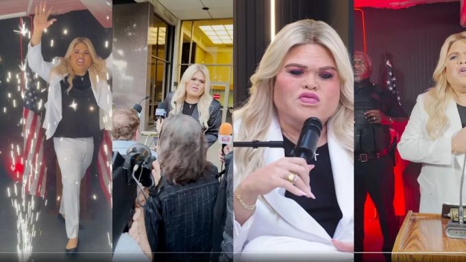 A four-panel montage capturing scenes from the viral Druski Erika Kirk parody, including a grand entrance with indoor sparklers, a crowded press gaggle, and close-ups of the character speaking into a microphone at a podium.