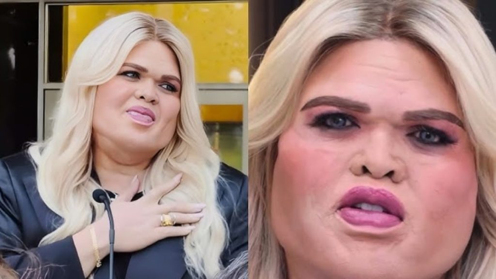 A side-by-side comparison image of the character from the Druski Erika Kirk skit, showing the comedian in a blonde wig with heavy makeup, wearing a black blazer and gold jewelry during a mock press conference.
