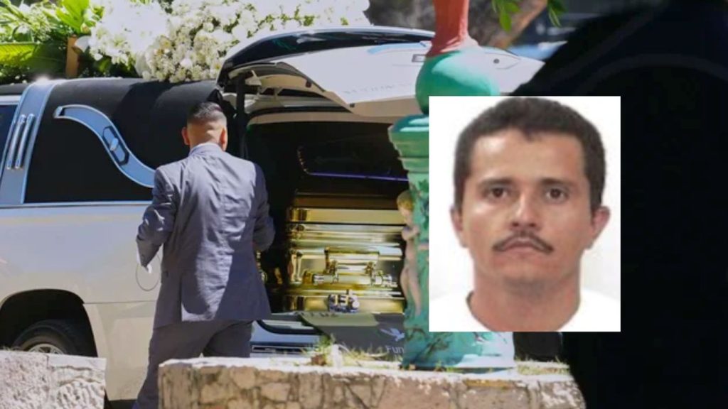 A digital collage depicting an El Mencho Funeral scene, showing a white hearse with a gold-plated coffin visible in the back, adorned with white flowers, and an inset identification portrait of Nemesio Oseguera Cervantes.