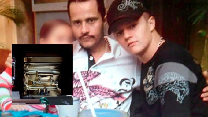 A composite image related to El Mencho Funeral rumors, featuring a grainier, candid photo of the cartel leader with a younger associate alongside an inset photo of a highly polished, golden casket.