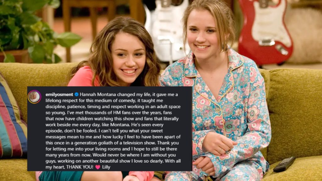 A combined image for a Hannah Montana Reunion features a photo of young Miley Cyrus and Emily Osment in patterned pajamas on a sofa on the left, and a screenshot of Emily Osment's heartfelt Instagram tribute to the show on the right.