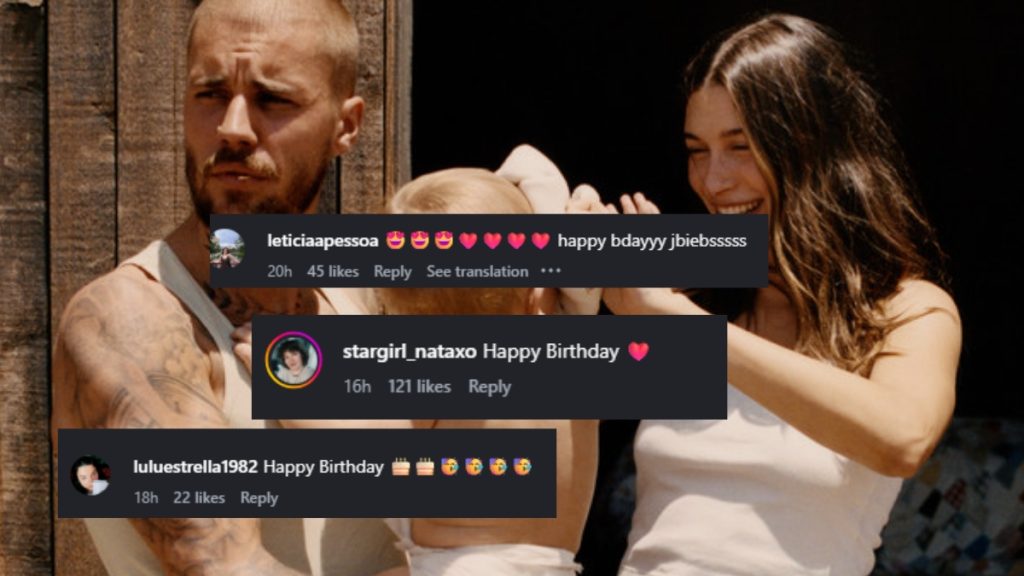 A collage featuring a candid photo of a couple alongside social media comments from fans sending well-wishes for the Justin Bieber Birthday.