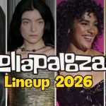 A promotional graphic for the Lollapalooza 2026 lineup featuring a collage of four female artists—Charli XCX, Lorde, Raye, and Jennie—with the official festival logo and "Lineup 2026" text overlay.