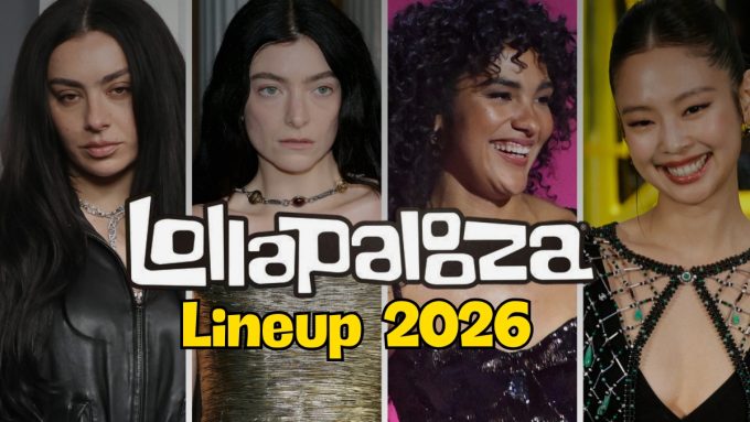 A promotional graphic for the Lollapalooza 2026 lineup featuring a collage of four female artists—Charli XCX, Lorde, Raye, and Jennie—with the official festival logo and "Lineup 2026" text overlay.