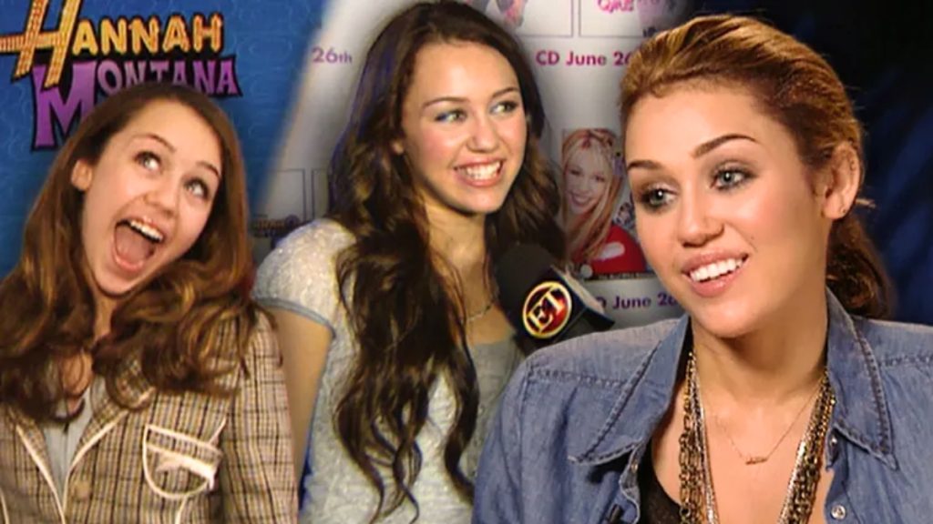 A collage of Miley Cyrus through different eras of her career, tied to the Hannah Montana 20th Anniversary; the images show a young, playful Miley during the show's early days alongside a more recent interview shot where she is wearing a denim shirt and layered necklaces.