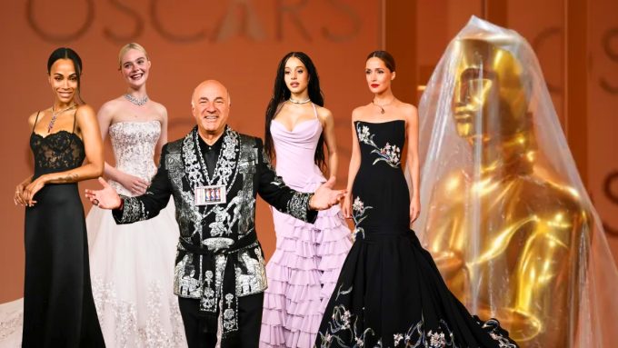 A digital collage featuring several celebrities against a warm, orange-toned background with a faint "OSCARS" logo.