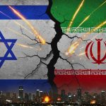 A digital graphic representing the Israel Iran War, featuring the flags of Israel and Iran on a cracked concrete wall background. Streaks of light resembling missiles fly between the two flags over a darkened city skyline where several explosions are occurring.