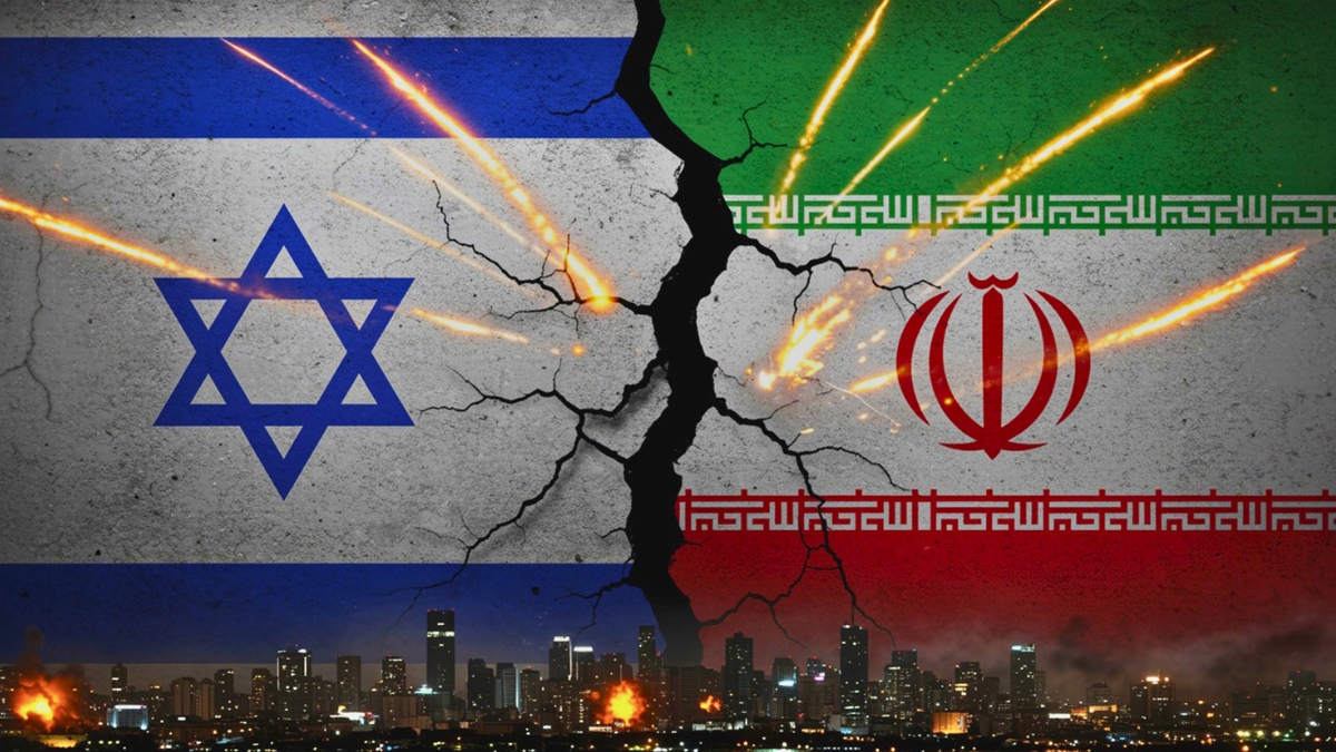 A digital graphic representing the Israel Iran War, featuring the flags of Israel and Iran on a cracked concrete wall background. Streaks of light resembling missiles fly between the two flags over a darkened city skyline where several explosions are occurring.