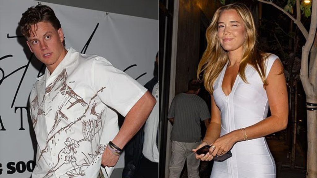 Side-by-side candid photos of Olivia Ponton Joe Burrow during an evening out in Los Angeles; Joe is wearing a white Prada shirt with a brown graphic, and Olivia is pictured winking in a white zip-up dress.