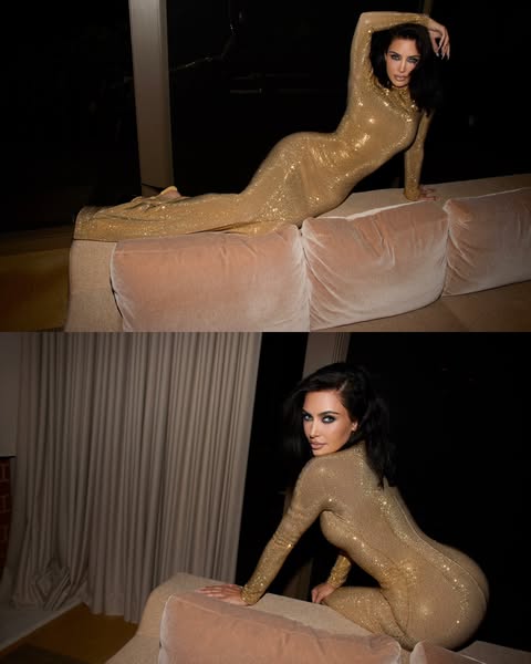 A glamorous portrait of Kim Kardashian lounging and posing on a plush velvet couch at a pre-Oscar event, wearing a dazzling, skin-tight gold sequined long-sleeve gown.