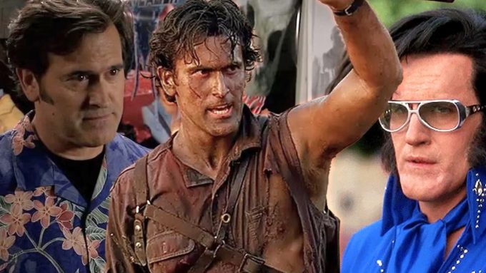 A composite image featuring three different versions of Bruce Campbell. One version wears a floral shirt, the center version is covered in grime and blood from an action role, and the third is dressed as an Elvis impersonator in a blue jumpsuit.