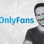 A black and white portrait of a smiling Leonid Radvinsky positioned next to the blue and white OnlyFans logo on a textured grey background.