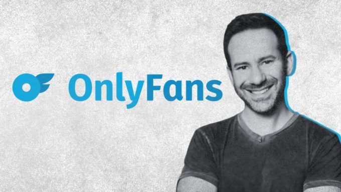 A black and white portrait of a smiling Leonid Radvinsky positioned next to the blue and white OnlyFans logo on a textured grey background.