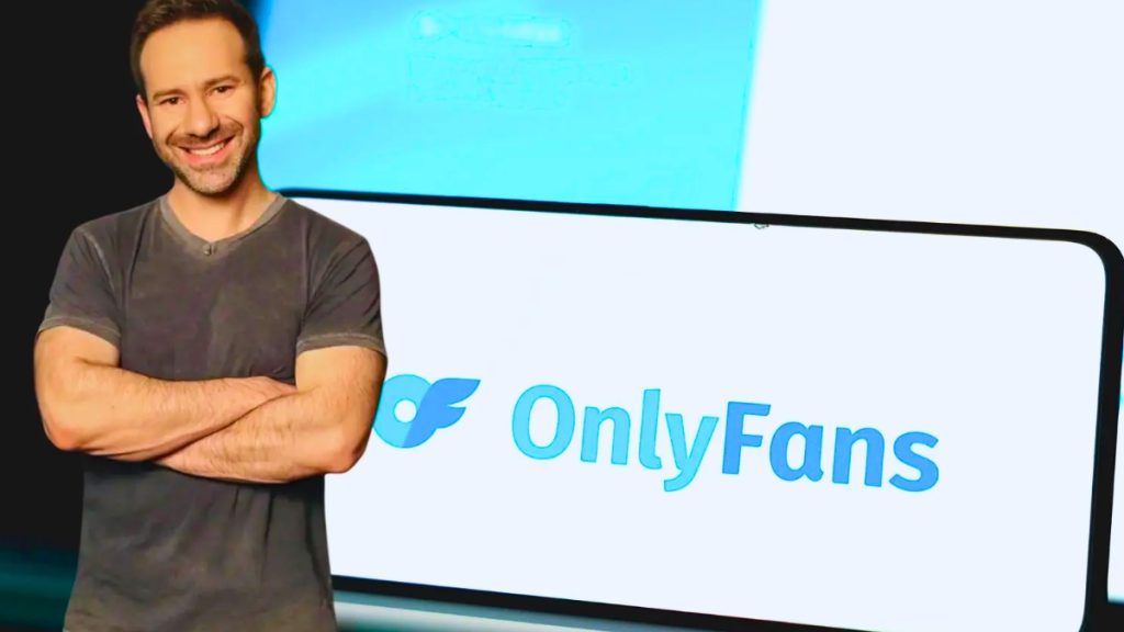 A composite image featuring Leonid Radvinsky with his arms crossed standing in front of a large digital screen displaying the OnlyFans logo.