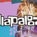 A graphic for a Lollapalooza 2026 tickets and pricing guide, featuring the festival logo over a vibrant collage of abstract patterns and a night view of the festival grounds with fireworks.