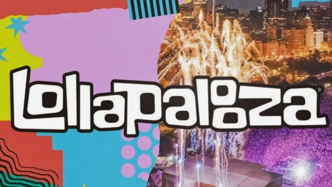 A graphic for a Lollapalooza 2026 tickets and pricing guide, featuring the festival logo over a vibrant collage of abstract patterns and a night view of the festival grounds with fireworks.