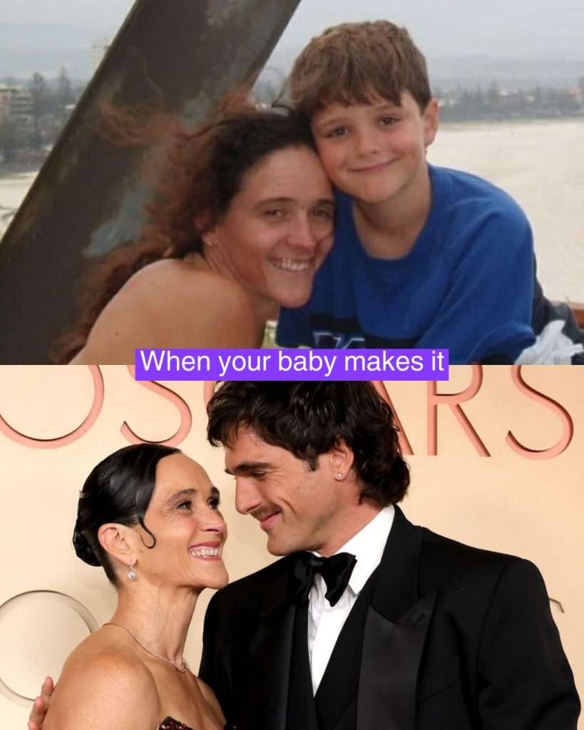 A composite image celebrating a "Then & Now" story. The top photo is a candid childhood snapshot of Jacob Elordi with his mother, Melissa, and the bottom shows the duo sharing a smile on the Oscars red carpet.