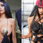 A side-by-side collage of Mia Khalifa at Paris Fashion Week. The left side shows her in a plunging black dress with ornate gold metallic accents, while the right side captures her on a runway wearing a textured black rope-style top and a red baseball cap with black tassels.