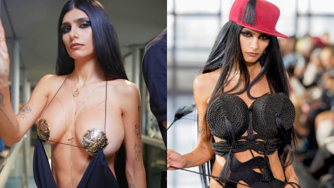 A side-by-side collage of Mia Khalifa at Paris Fashion Week. The left side shows her in a plunging black dress with ornate gold metallic accents, while the right side captures her on a runway wearing a textured black rope-style top and a red baseball cap with black tassels.
