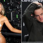 A split-screen image featuring Olivia Ponton Joe Burrow; on the left, Olivia Ponton poses in a cream-colored cutout bodysuit, and on the right, NFL quarterback Joe Burrow is seen at a press conference wearing a dark green button-down shirt.