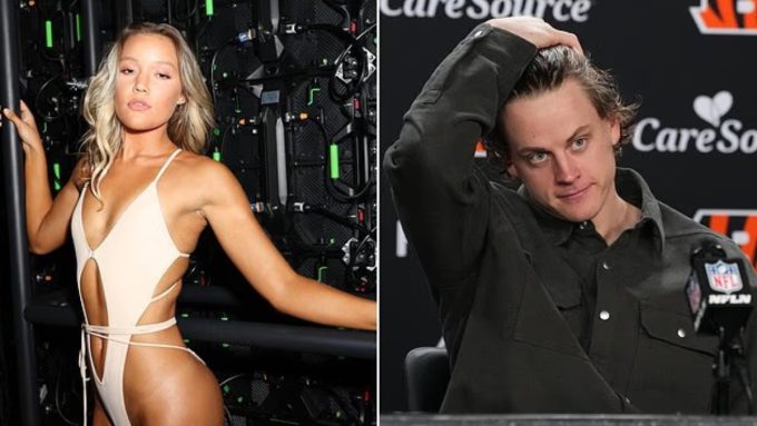 A split-screen image featuring Olivia Ponton Joe Burrow; on the left, Olivia Ponton poses in a cream-colored cutout bodysuit, and on the right, NFL quarterback Joe Burrow is seen at a press conference wearing a dark green button-down shirt.