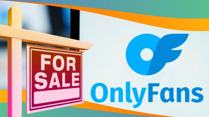 A digital graphic featuring the OnlyFans logo and wordmark next to a prominent red and white "For Sale" real estate sign. The image serves as a visual representation of the news that there is an OnlyFans for sale following recent business developments.