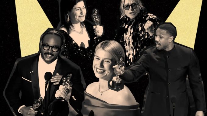 A graphic showcasing the top Oscar Winners 2026, highlighting major victories for the film One Battle After Another (6 wins) and the horror-vampire epic Sinners (4 wins).