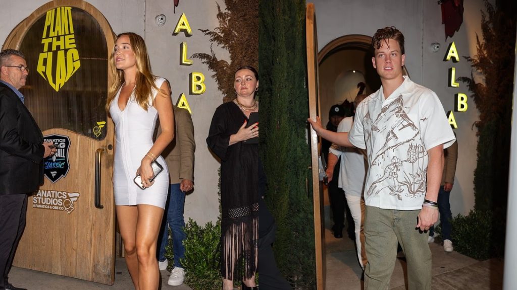 Olivia Ponton Joe Burrow photographed entering a Fanatics event at Alba; Olivia Ponton leads the way in a white sleeveless dress, followed by Joe Burrow in a graphic white button-down and olive green trousers.