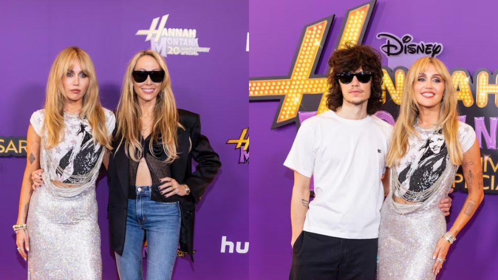 A split-screen image from the Hannah Montana 20th Anniversary Special premiere; on the left, Miley Cyrus poses with her mother, Tish Cyrus, against a purple backdrop, and on the right, Miley is seen smiling alongside her partner, Maxx Morando. Miley wears a shimmering silver skirt and a graphic t-shirt featuring her younger self as Hannah Montana.