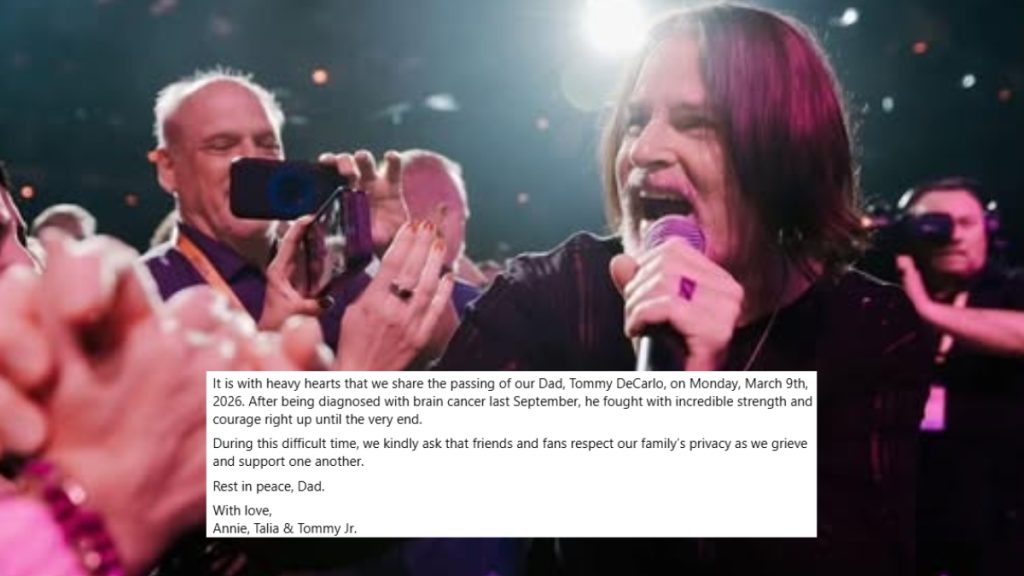 A poignant tribute image featuring a photo of Tommy DeCarlo singing into a purple microphone while fans in the background hold up phones to record. Overlaid on the image is a formal statement from his family announcing his passing on March 9, 2026, and honoring his strength and courage.