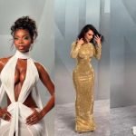 A composite of four glamorous celebrities posing on a grey carpet. Looks include an avant-garde feathered hat and sheer gown, a white keyhole cutout dress, a shimmering gold long-sleeve gown, and a sleek white gown with a chained back.