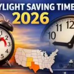 A graphic titled "Daylight Savings 2026" features two alarm clocks with red and blue arrows indicating the "spring forward" time change. The background blends a sunset over a map of the United States with a nighttime city skyline under a crescent moon.