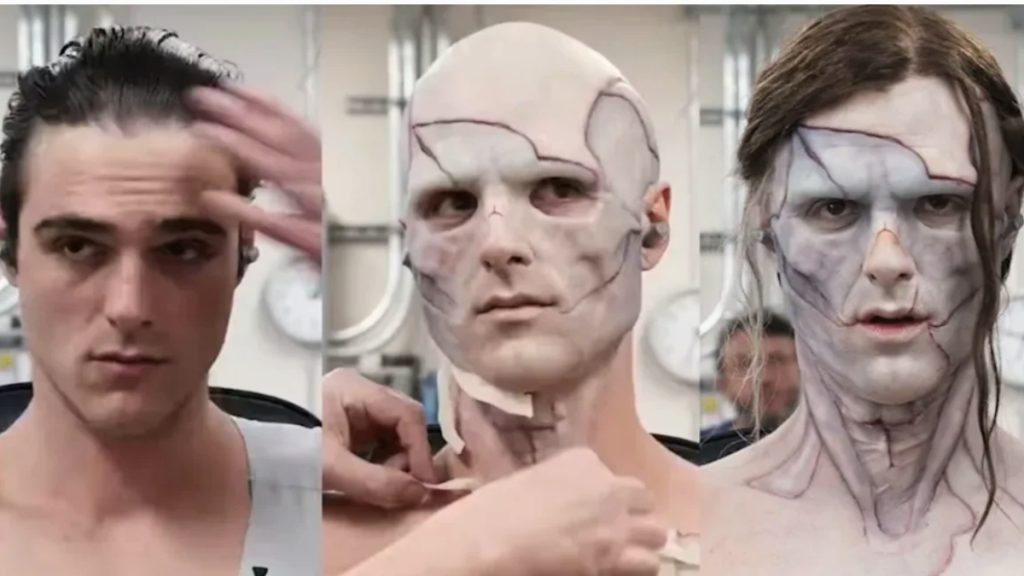 A three-panel collage showing the prosthetic makeup transformation of Jacob Elordi Frankenstein. The sequence transitions from the actor's natural appearance to the application of pale, scarred facial prosthetics and long, dark hair for the creature's look.