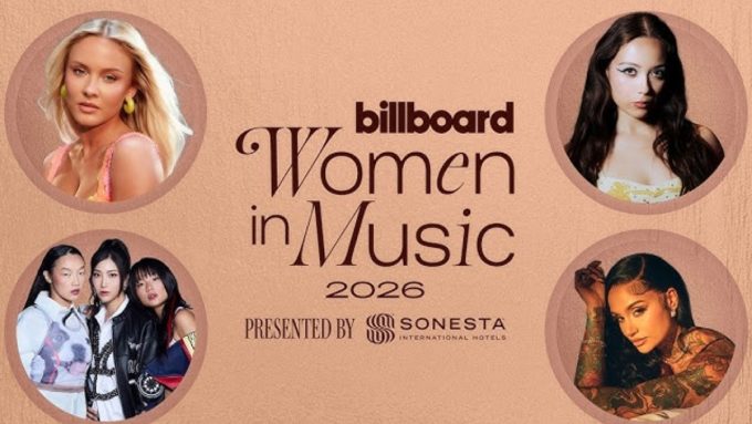 Billboard Women in Music 2026 event announcement presented by Sonesta International Hotels, highlighting top women in the music industry.