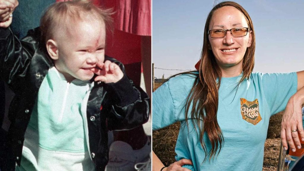 A side-by-side "then and now" photo of Jessica McClure Morales. The left photo shows her as a toddler shortly after her 1987 rescue, with a visible red scar on her forehead and wearing a black satin jacket. The right photo shows her as an adult woman smiling, wearing rectangular glasses and a turquoise t-shirt with a "Blessed Girl" logo.