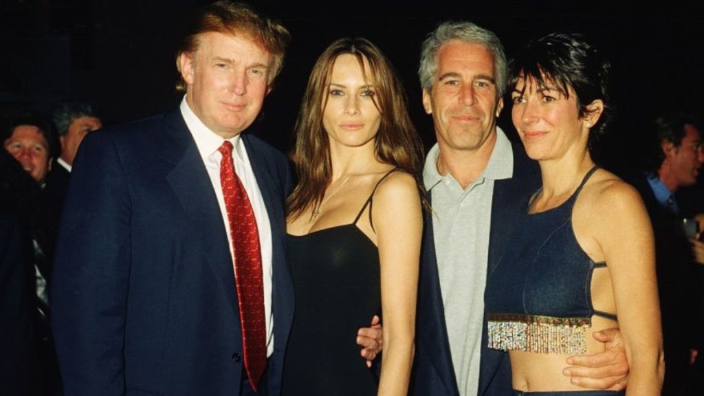 A split-screen image featuring a formal portrait of Melania Trump in a black dress on the left and a photo of Jeffrey Epstein on the right. The headline text reads 