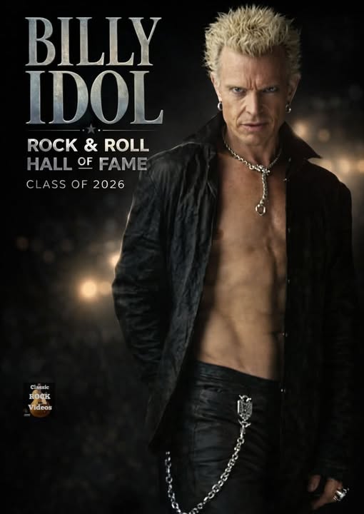 A promotional poster featuring Billy Idol for the Rock & Roll Hall of Fame Class of 2026. He is shown with his signature spiky blonde hair, an intense expression, and no shirt under an open black jacket. He wears a silver chain necklace and leather pants with a wallet chain. Large silver text at the top reads "BILLY IDOL."