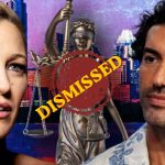 A composite image featuring close-ups of actors Blake Lively and Justin Baldoni, separated by a statue of Lady Justice and a large red stamp that reads “DISMISSED.” Lively, on the left, has blonde hair and a concerned expression, while Baldoni, on the right, is looking away with a serious gaze against a nighttime city skyline.