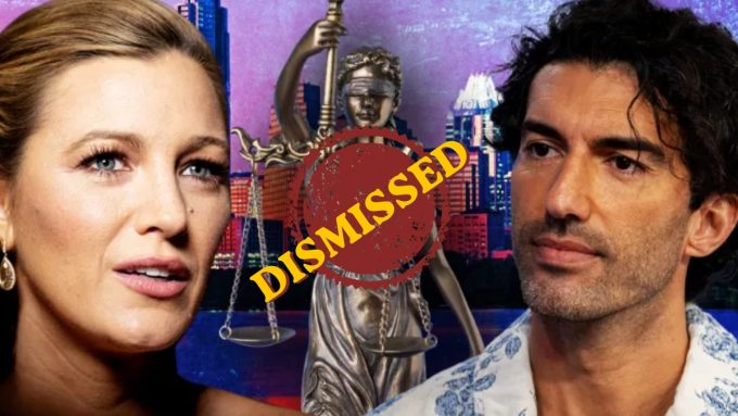 A composite image featuring close-ups of actors Blake Lively and Justin Baldoni, separated by a statue of Lady Justice and a large red stamp that reads “DISMISSED.” Lively, on the left, has blonde hair and a concerned expression, while Baldoni, on the right, is looking away with a serious gaze against a nighttime city skyline.