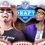A celebratory graphic featuring Bret Michaels NFL Draft performer and Wiz Khalifa in front of a 2026 NFL Draft logo. On the left, Bret Michaels is seen laughing in a cowboy hat and sunglasses, wearing an "American Made" t-shirt. On the right, Wiz Khalifa wears a black baseball cap and glasses. The background shows a blurred football stadium, with the tops of two footballs visible in the foreground.